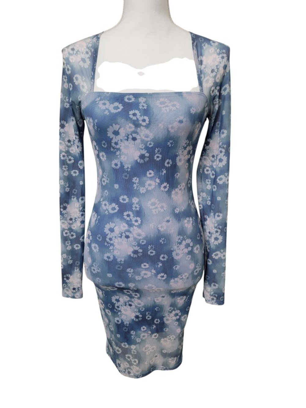 Forever 21 Size Blue & White Floral Mesh Bodycon Dress, Long Sleeves